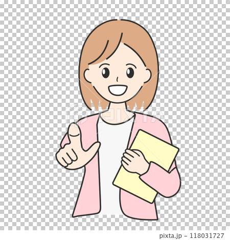正面を指差す若い日本人女性のイラスト 118031727