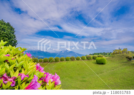 【静岡県】ツツジ咲く山中城址公園、後方に富士山 118031783
