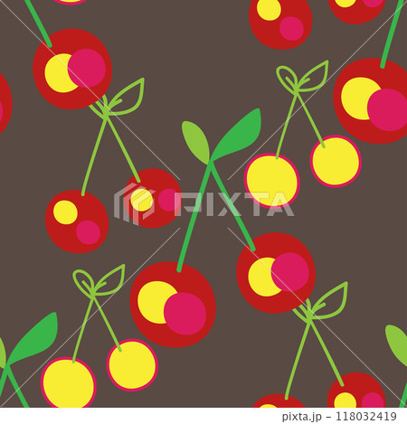 Cherry seamless pattern, red green on black background, botanical outline vector illustration. Graphic design for background, packaging, textile, banner, greeting card, wedding, invitation, magazin Cherry seamless pattern, red green on black background, botanical outline vector illustration. Graphic design for background, packaging, textile, banner, greeting card, wedding, invitation, magazin 118032419