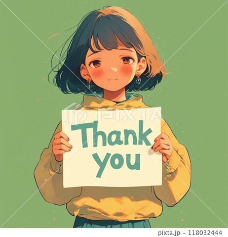 「Thank you」の文字と書かれた紙を掲げる女の子 118032444