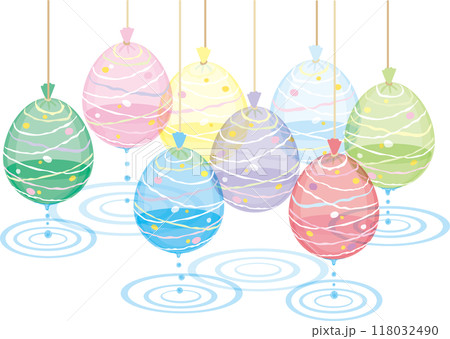 水風船_パステルカラー_水入り_8色の水風船と水滴_波紋 118032490