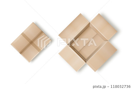 Box. Empty open and closed cardboard box. Realistic cardboard box mockup set from side, front and top view open and closed isolated on white background. Parcel packaging template. Vector 118032736