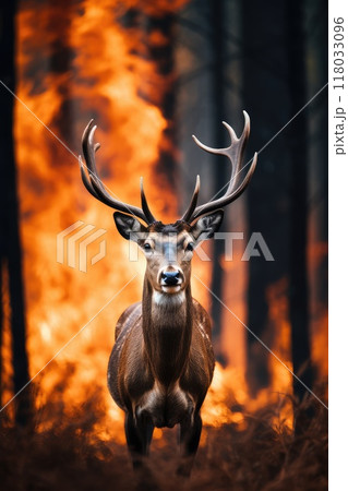 Amidst the tragedy of a forest fire, a deer's presence reminds us of the fragility of wildlife 118033096