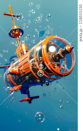 An orange submarine floating in the air surrounded by bubbles 118033150