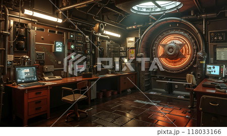 A room with a desk, computer and a clock in it 118033166