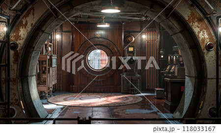 A room with a round window in the middle of it 118033167