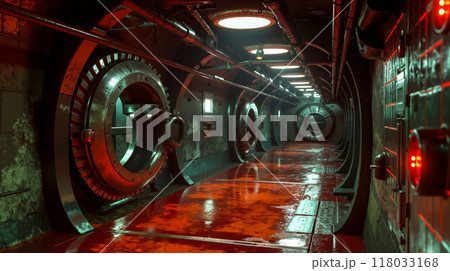 A long hallway in a dark room with red lights 118033168