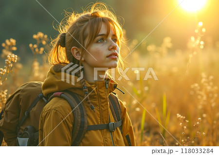 A woman with a backpack standing in a field of tall grass 118033284