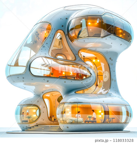 A futuristic house with a spiral staircase in the middle of it 118033328