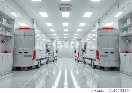 A row of white vans parked in a large room 118033350