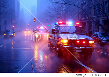 A group of emergency vehicles driving down a city street at night 118033351