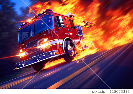 A fire truck driving down a road with flames coming out of it 118033352