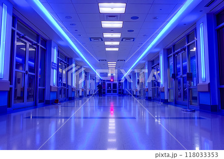 A long hallway with blue lights in a hospital 118033353