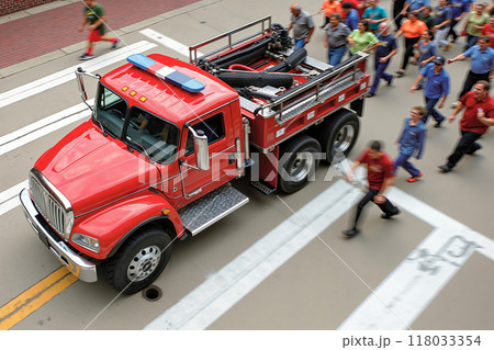 A red fire truck driving down a street with people walking by 118033354