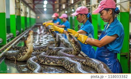 A group of women in blue uniforms and yellow gloves working on a conveyor belt 118033382