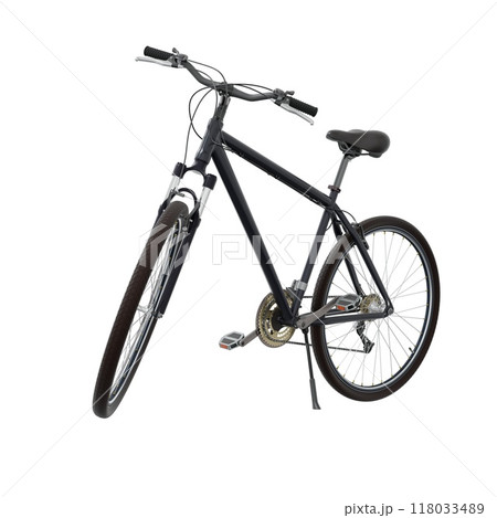 Black bicycle standing on kickstand, front side view isolated on white background, 3D illustration Black bicycle standing on kickstand, front side view isolated on white background, 3D illustration 118033489