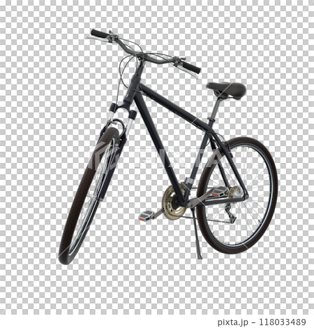 Black bicycle standing on kickstand, front side view isolated on white background, 3D illustration Black bicycle standing on kickstand, front side view isolated on white background, 3D illustration 118033489