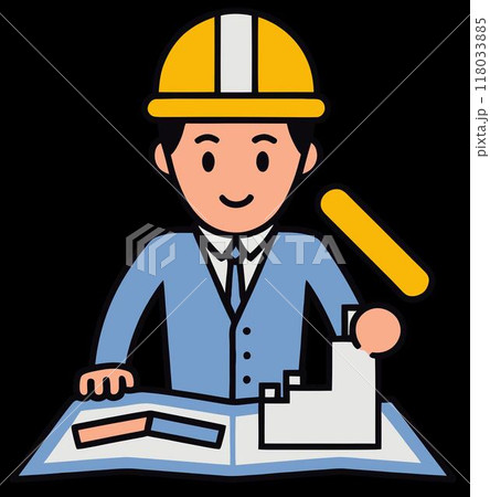 Smiling 2D Flat Design Architect Holding a Pencil, Wearing a Hard Hat and Suit Smiling 2D Flat Design Architect Holding a Pencil, Wearing a Hard Hat and Suit 118033885