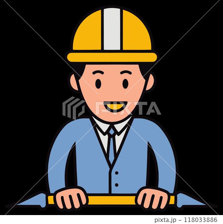 Smiling 2D Flat Design Architect Holding a Pencil, Wearing a Hard Hat and Suit 118033886