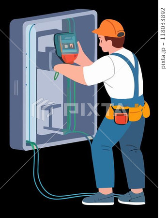 Electrician in Flat Design Fixing a Power Outlet with Tools and Tester 118033892
