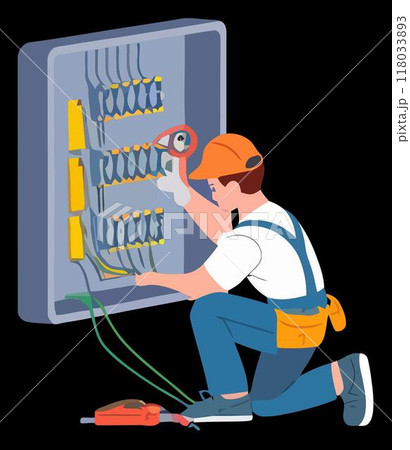 Electrician in 2D Flat Design Fixing a Power Outlet with Tools and Tester 118033893