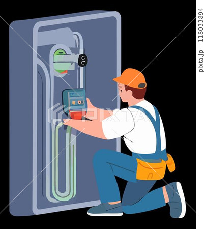 Electrician in 2D Flat Design Fixing a Power Outlet with Tools and Tester 118033894