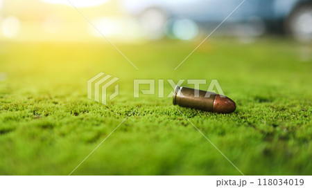 Spent bullet casing lying on the green ground with blur background. Concepts of criminal investigation and shooting sports 118034019