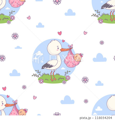 Seamless pattern with cute stork in its beak bundle with newborn baby girl on white background with clouds and flowers. Vector illustration. Cartoon bird kawaii and childish birthday. Kids collection 118034204