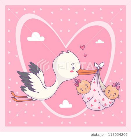 Cute flying stork and two twin newborns girl. Vector illustration. Cool square birthday, Baby shower card. Funny Cartoon bird kawaii and arrival infants. Kids collection . 118034205