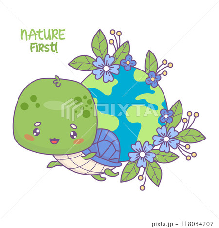 Cute turtle with green planet Earth and flowers. Funny cartoon kawaii character. Concept ecology, conservation and protection for nature and animals, ecological lifestyle. Vector illustration. 118034207