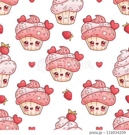 Seamless pattern with cute romantic cream cupcake with heart on white background with strawberries berries. Funny sweet dessert cake kawaii character. Vector illustration. 118034209