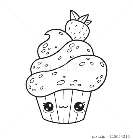 Cute cream cupcake with strawberry. Outline sweet kawaii cartoon character cake. Line drawing, coloring book. Vector illustration. Kids collection. 118034210