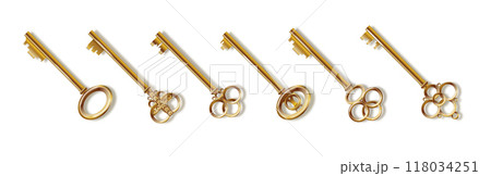 Key 3d realistic golden old vintage. Old luxury escape room keys. Vector 118034251