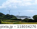 玄海原子力発電所の眺めと巨大な風力発電風車 118034276