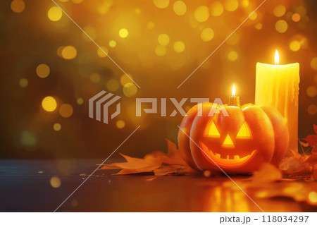 Halloween day with pumpkin and candle on bokeh background by generative ai 118034297