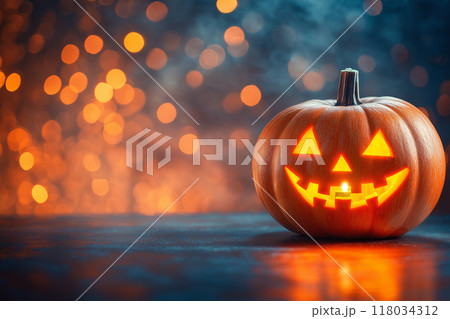Halloween day with pumpkin and candle on bokeh background by generative ai 118034312