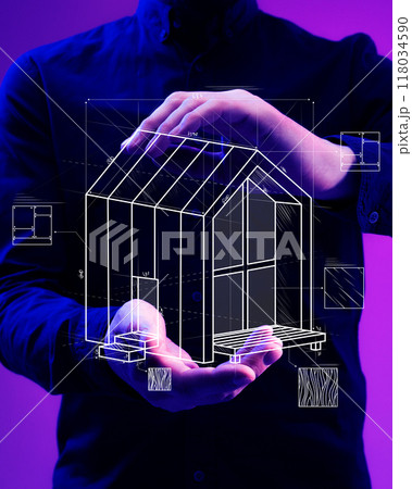 Digital sketch of house held between two hands, representing balance between architecture, real estate investment, and hands-on business growth. Contemporary art collage. Digital sketch of house held between two hands, representing balance between architecture, real estate investment, and hands-on business growth. Contemporary art collage. 118034590