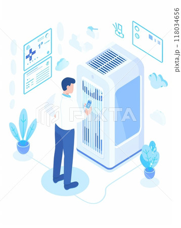 A man uses a smartphone to control an air purifier, showcasing the integration of technology into modern home health solutions. A man uses a smartphone to control an air purifier, showcasing the integration of technology into modern home health solutions. 118034656