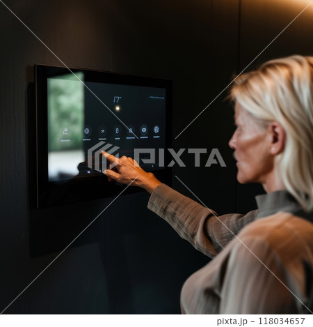 Woman interacting with touchscreen panel, adjusting climate and security settings in a modern home. Smart home systems. Woman interacting with touchscreen panel, adjusting climate and security settings in a modern home. Smart home systems. 118034657