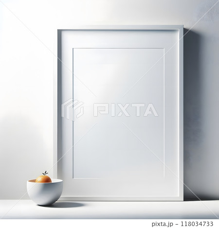 Modern white frame with a minimalist bowl and orange. Contemporary interior design concept 118034733