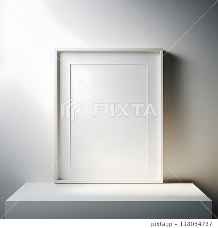 Clean white frame on a minimalist pedestal. Modern interior design element 118034737