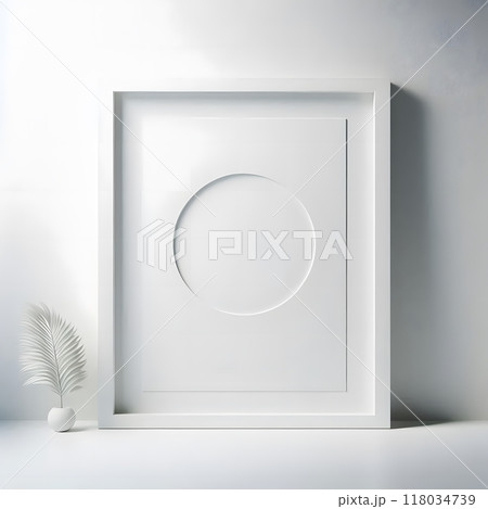 Minimalist white frame with a circular cutout. Contemporary interior design element 118034739