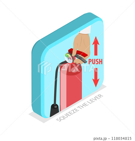 3D Isometric Flat Illustration of How To Use A Fire Extinguisher. Item 2 3D Isometric Flat Illustration of How To Use A Fire Extinguisher. Item 2 118034815