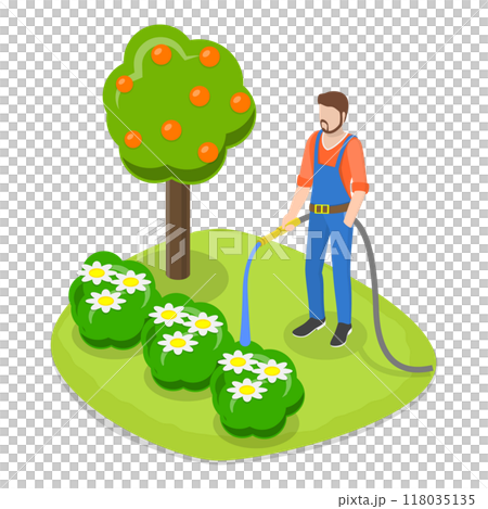 3D Isometric Flat  Set of Garden Tools And People. Item 5 118035135