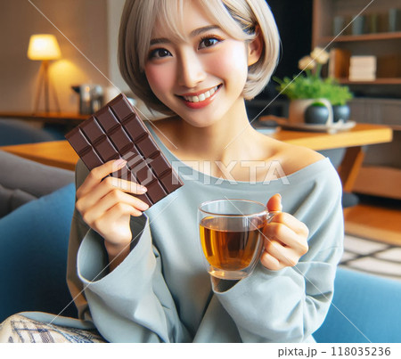 手作りのチョコレートを楽しむ女性 118035236