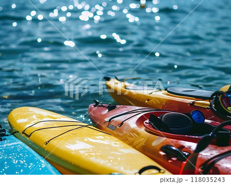 Four Colorful Kayaks Floating on Sparkling Water Under Bright Sunlight 118035243