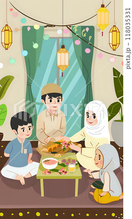 Four People Enjoying Meal Together Around Low Table In Festive Atmosphere 118035331