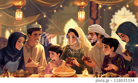 Group of People in Traditional Attire Sharing Festive Meal Around Table 118035334