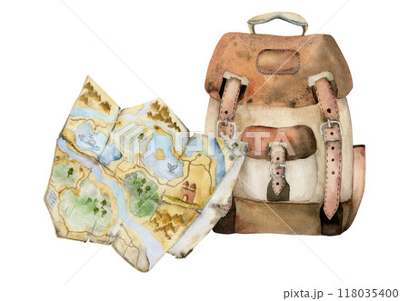 Tourist accessories, vintage leather backpack rucksack bag, navigation folded map. Watercolor hand drawn retro illustration. Design for tourism, travel, brochure, wedding, guide, print, card tattoo. 118035400