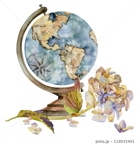 Navigation old vintage globe, Americas view, with hydrangea hortensia flower branch leaves. Watercolor hand drawn illustration. Design for tourism, travel, school, wedding, guide, print, card tattoo. Navigation old vintage globe, Americas view, with hydrangea hortensia flower branch leaves. Watercolor hand drawn illustration. Design for tourism, travel, school, wedding, guide, print, card tattoo. 118035401